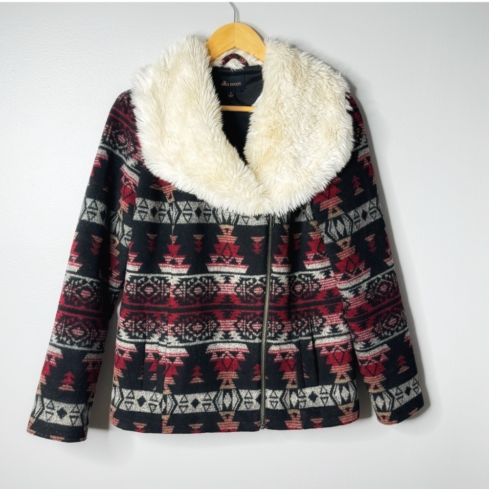 Ella Moss Anthropologie Coat Southwestern Motif Faux Fur Collar Winter Black